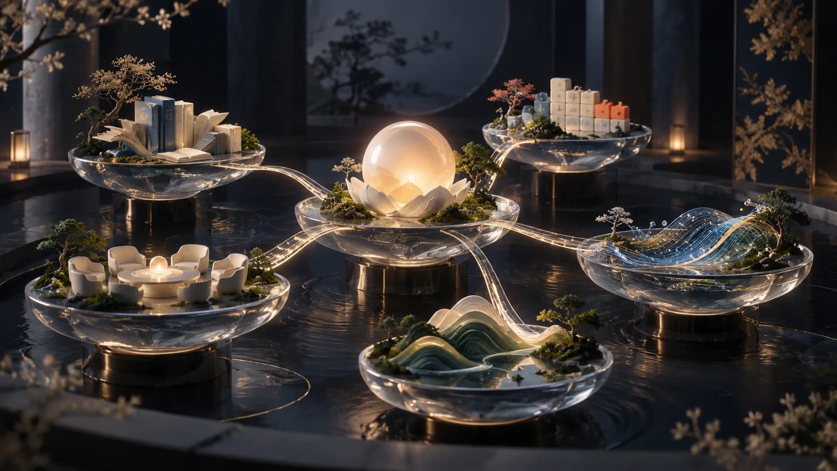 A conceptual glass knowledge garden with connected learning, collaboration, and planning islands.