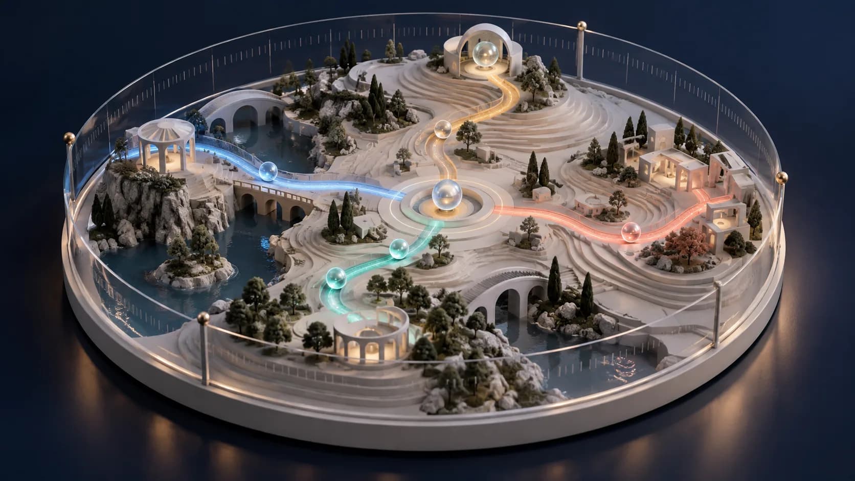 A miniature simulation world with colored agent paths converging in a shared courtyard.