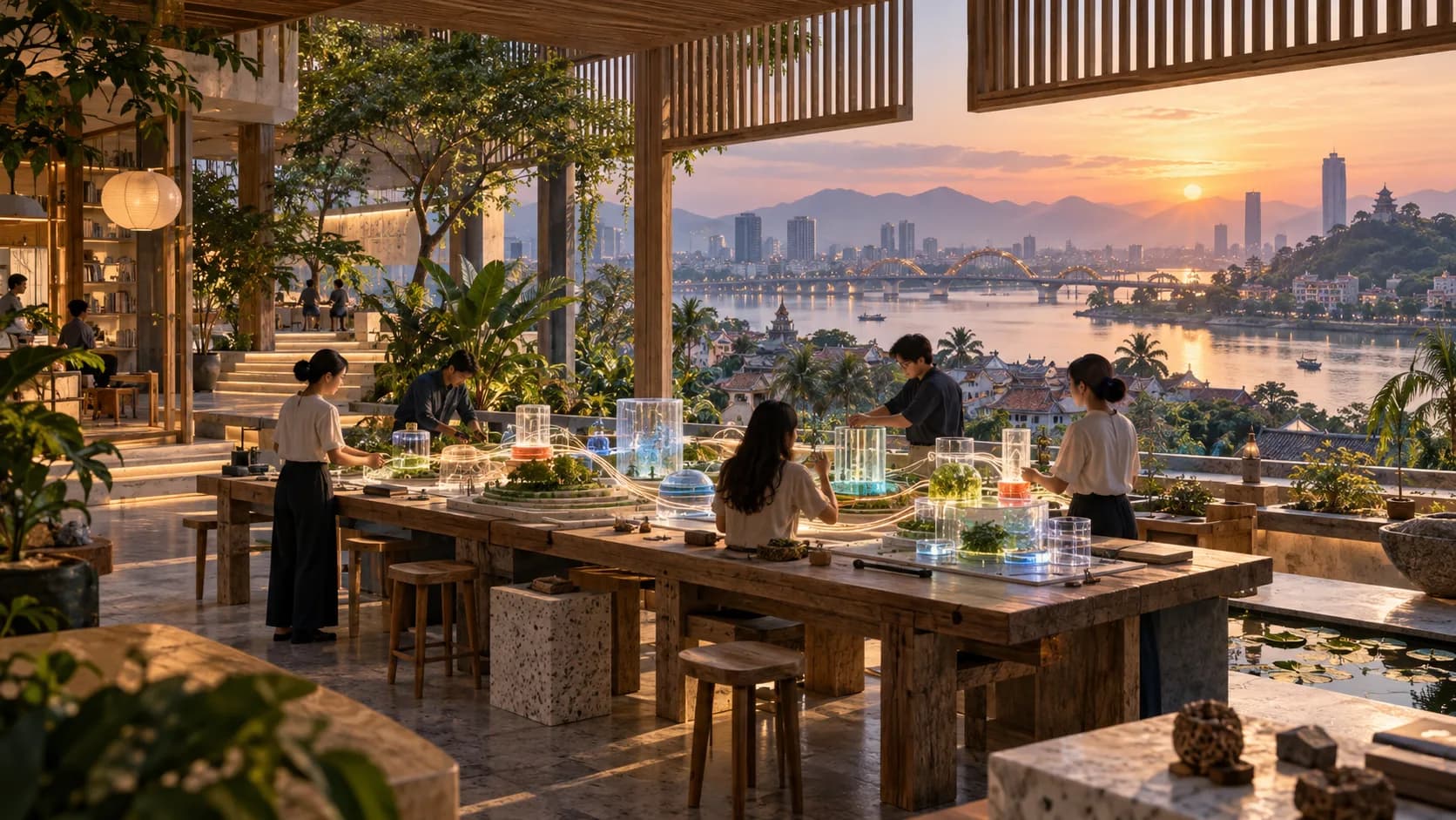 Imagined Vietnamese innovation studio with people building connected glass models at dawn.