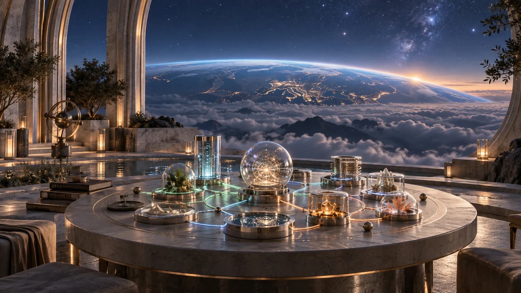 Conceptual observatory with connected illuminated modules overlooking Earth.
