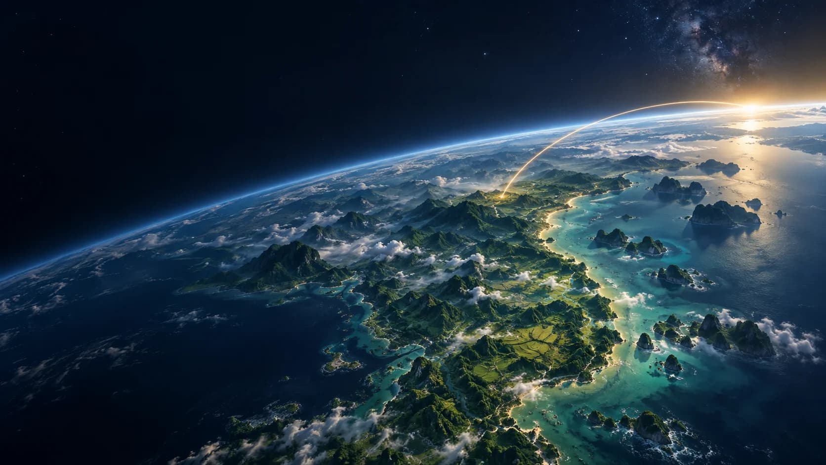 An imagined Vietnamese coastal landscape meeting the illuminated horizon of Earth.